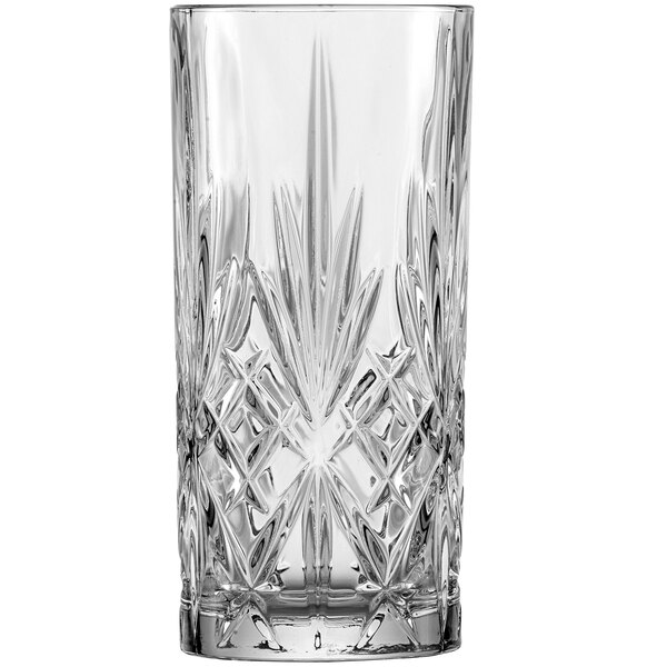 A close-up of a Fortessa clear glass with a diamond design.