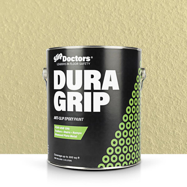 A black can of SlipDoctors Dura Grip epoxy paint with white text and green circles on it.