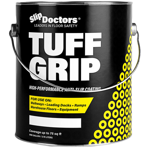 A black bucket with white text and yellow text reading "SlipDoctors Tuff Grip"