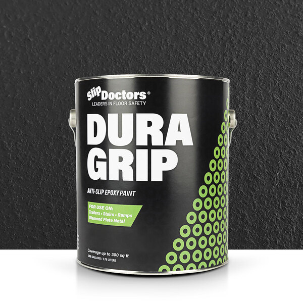 A black can of SlipDoctors Dura Grip paint with white text.