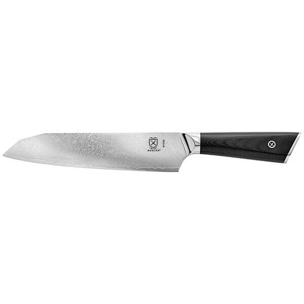 A Mercer Culinary santoku knife with a black handle and silver blade.