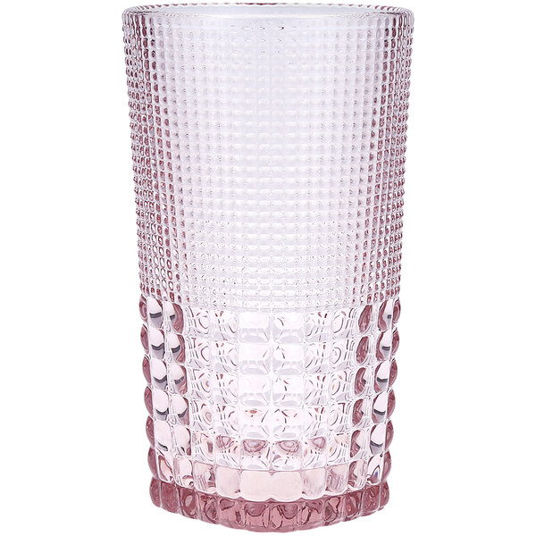 A close up of a Fortessa pink beverage glass with a patterned design and a pink rim.