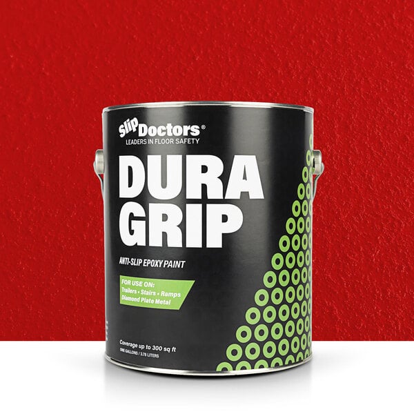 A black can of SlipDoctors Dura Grip red paint with white text.