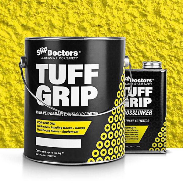 A black container with yellow text labeled "SlipDoctors Tuff Grip Extreme" next to a yellow container with black text.