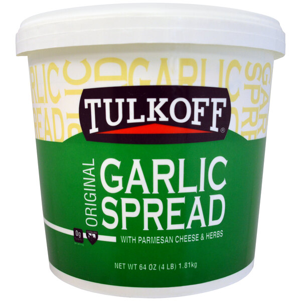 A container of Tulkoff garlic spread.