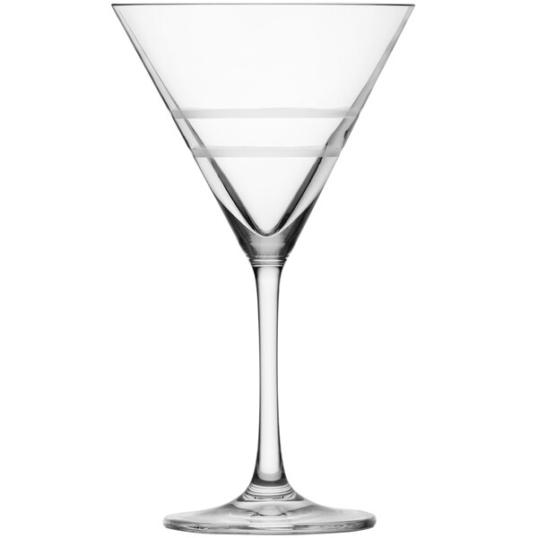 A clear Fortessa martini glass with a white stripe on it.