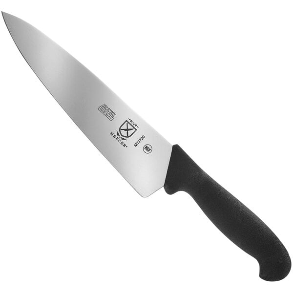 A Mercer Culinary chef knife with a black handle.