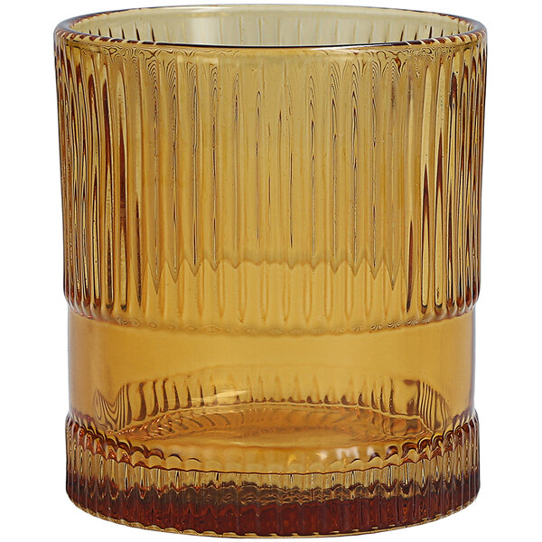 A Fortessa NoHo amber glass with a ribbed rim.