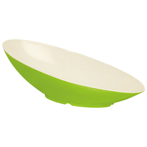 A green and white oval slanted melamine bowl.