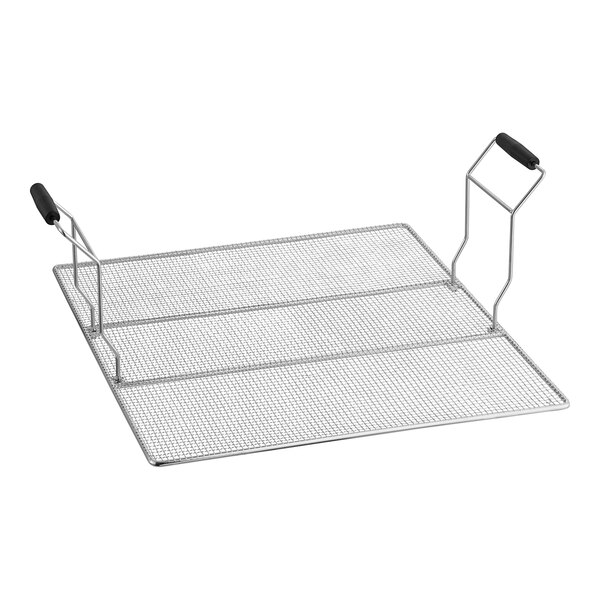 An Avantco stainless steel wire mesh tray with black handles.