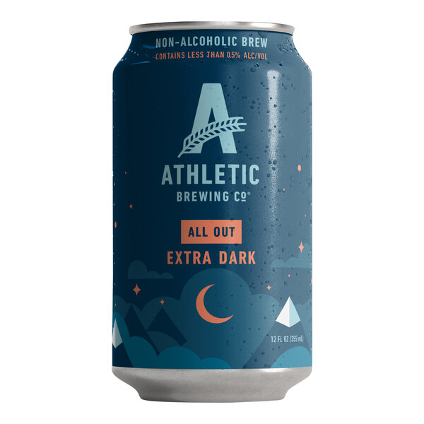 An Athletic Brewing Co. All Out Extra Dark beer can with a logo.
