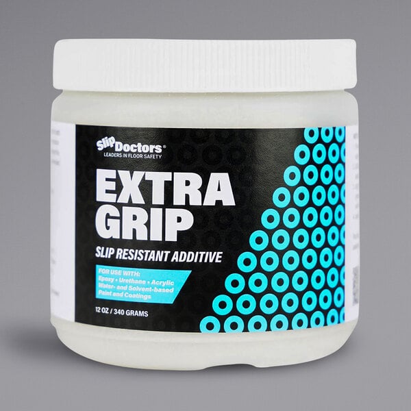 A white jar of SlipDoctors Extra Grip non-skid additive with a blue and black label.