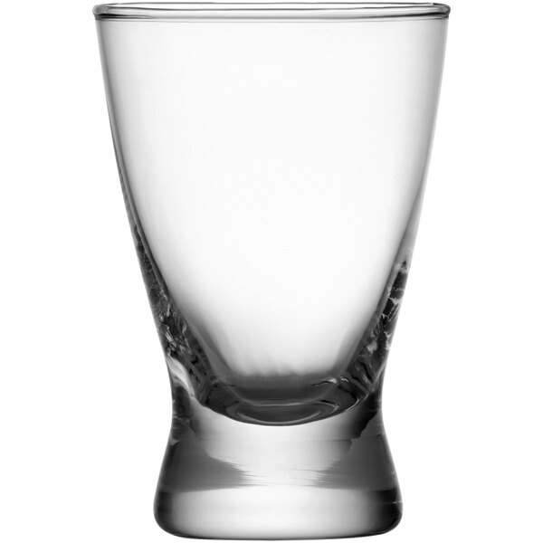 A clear Fortessa mini cordial glass with a curved bottom and white rim.