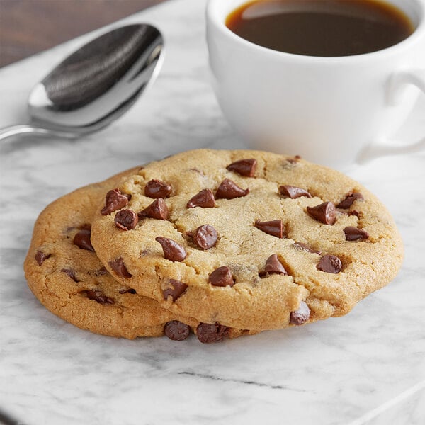 Ghirardelli semi-sweet chocolate chip cookie and a cup of coffee.