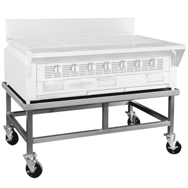 A white metal stand with wheels for a Champion Tuff Grills Charbroiler.