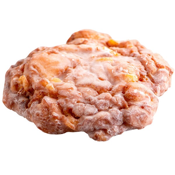 A close up of a Rich's glazed apple fritter donut with icing on top.