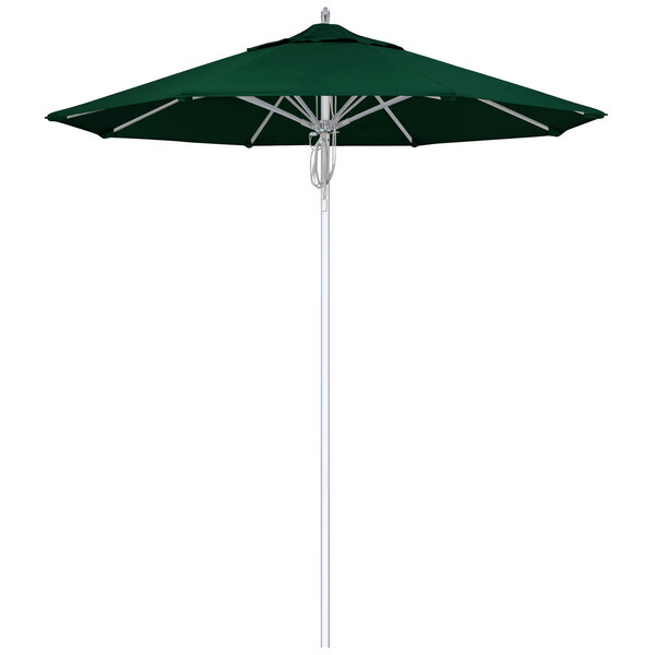A forest green California Umbrella with a silver pole.