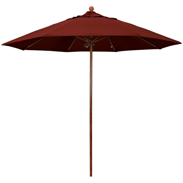 A California Umbrella with a red Sunbrella canopy and American Oak pole.