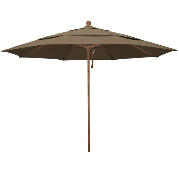 A brown California Umbrella with an American oak pole.