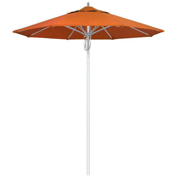 A California Umbrella Newport Series outdoor table umbrella with an orange Sunbrella canopy.