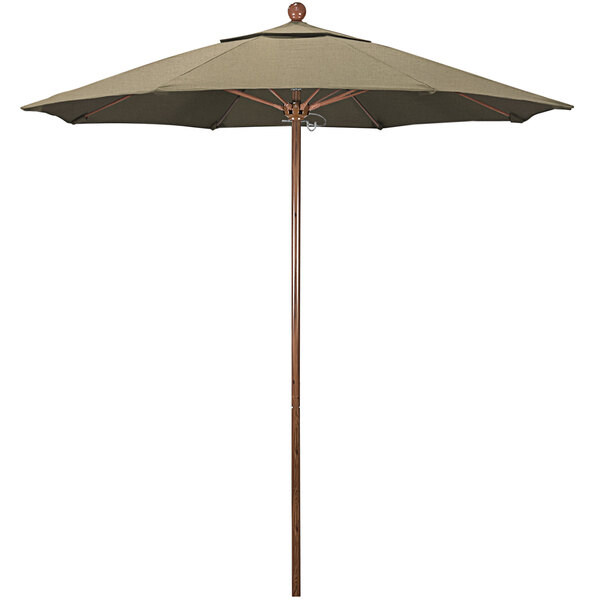 A California Umbrella with a Heather Beige Sunbrella canopy on a wooden pole.