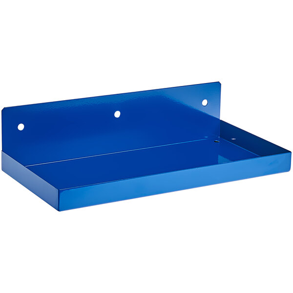 A blue steel shelf with holes in it.
