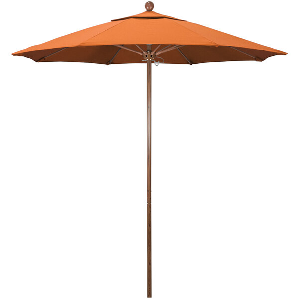 A California Umbrella tangerine outdoor table umbrella with an American oak pole.