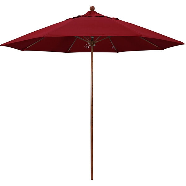A close-up of a red California Umbrella with American Oak pole.