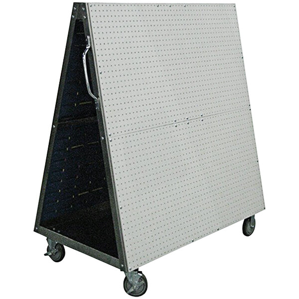 A large metal cart with wheels and a black DuraBoard.