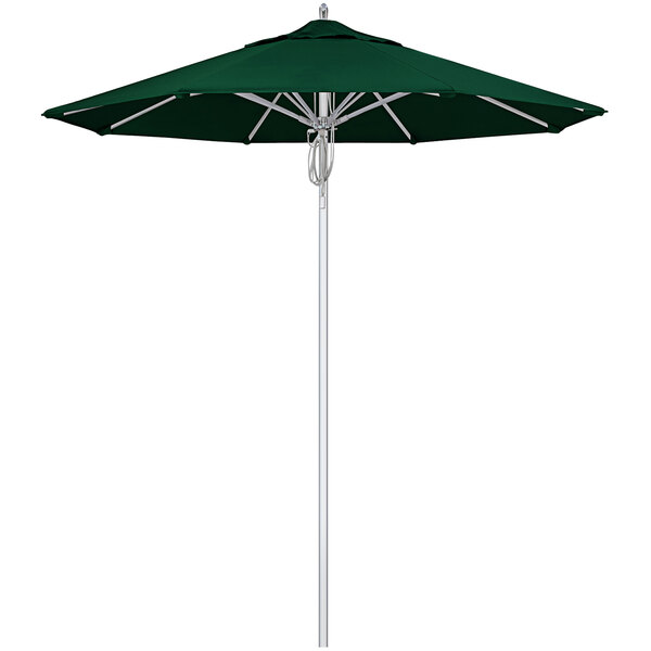 A close-up of a Forest Green Sunbrella canopy on a California Umbrella with a silver pole.