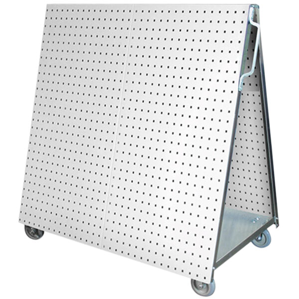 A large white metal tool cart with white pegboard on the sides and black holes.