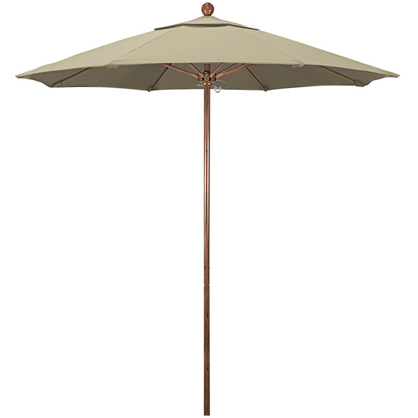 A California Umbrella with a beige canopy and American Oak pole.