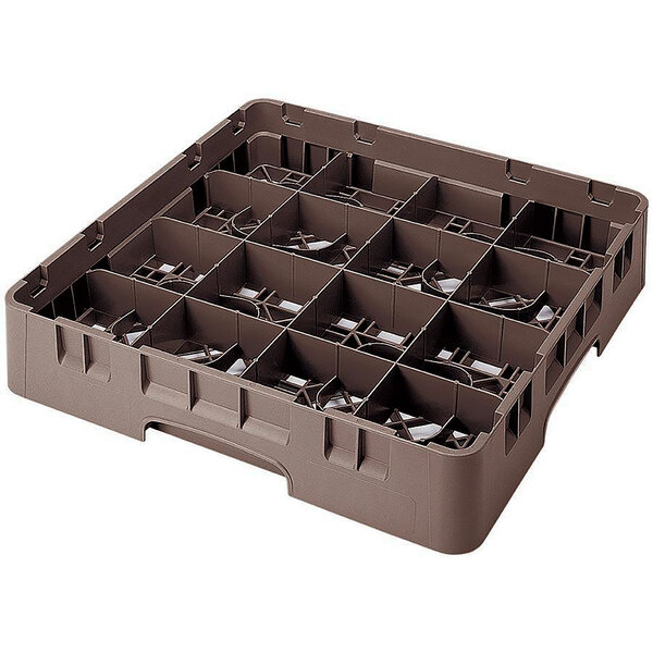 A brown plastic Cambro glass rack with 16 compartments in a grid.