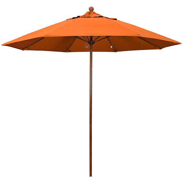 A tangerine California Umbrella with American oak pole on a white background.