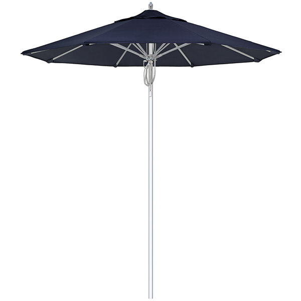 A navy blue California Umbrella with a silver pole.