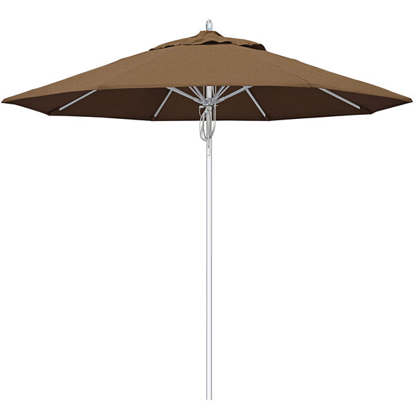 A close-up of a brown California Umbrella with a silver pole.