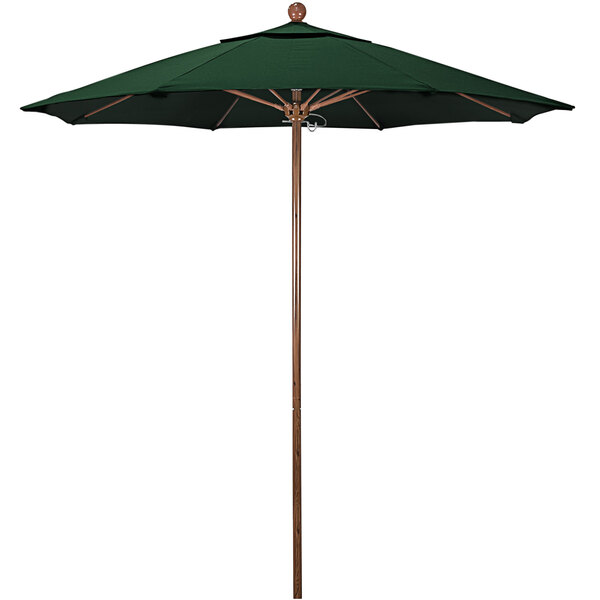 A Forest Green California Umbrella with a wooden pole on a white background.