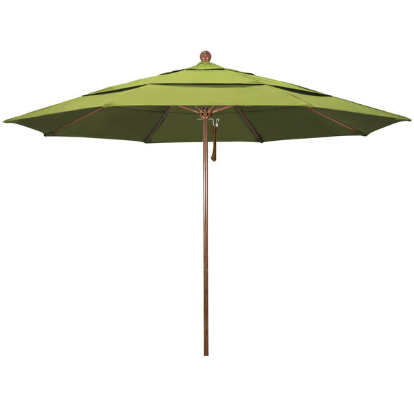 A green umbrella with a California Umbrella wooden pole and a green canopy.