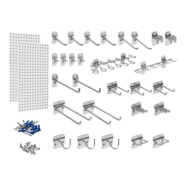 A white Triton LocBoard with a large assortment of metal hooks.