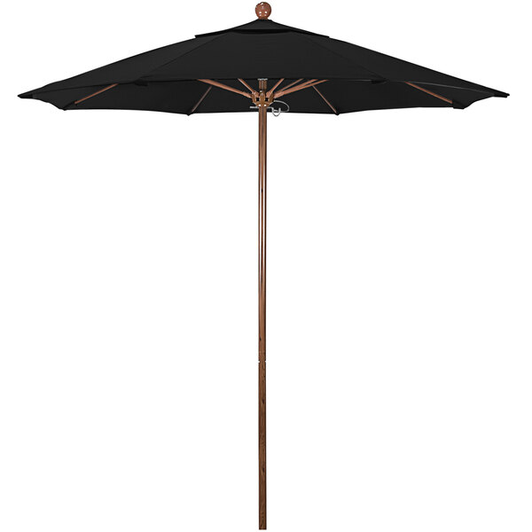 A California Umbrella black Sunbrella canopy with a wooden pole.