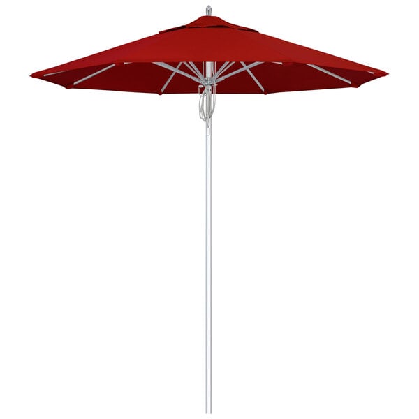A close-up of a red California Umbrella with Jockey Red Sunbrella fabric.