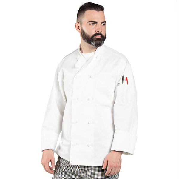 A man in a white Uncommon Chef long sleeve chef coat with mesh back.