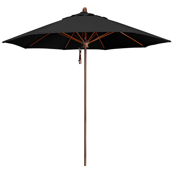 A black California Umbrella with a wooden pole.