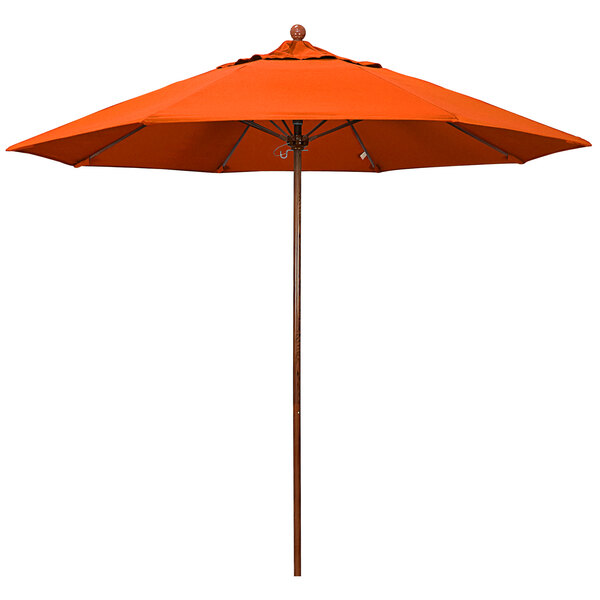 A melon orange California Umbrella with American oak pole on a white background.