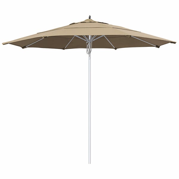 A California Umbrella Newport tan umbrella with a silver pole.