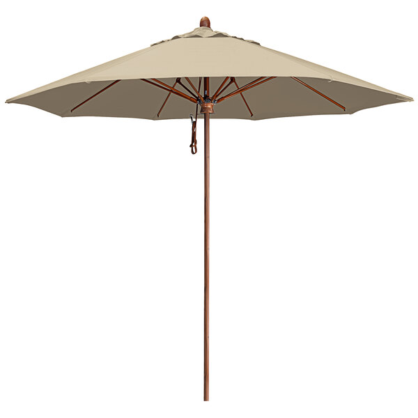 An open beige California Umbrella with a simulated wood pole.
