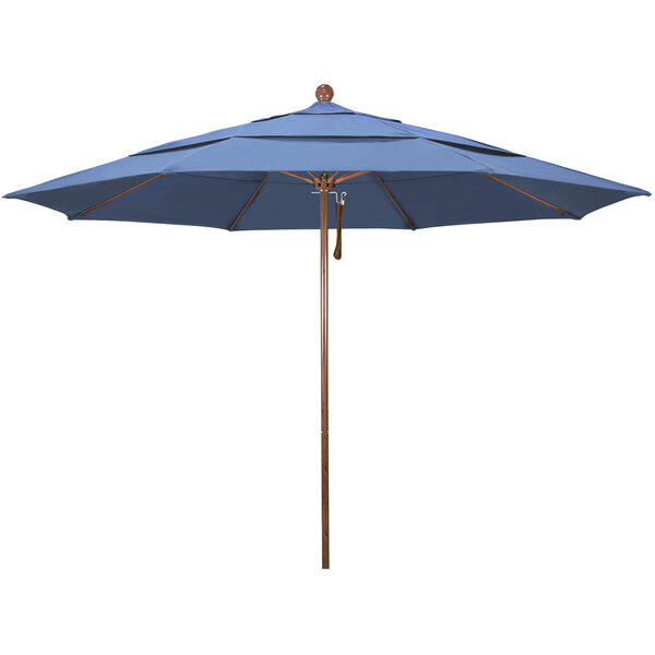 A blue umbrella with a wooden pole.