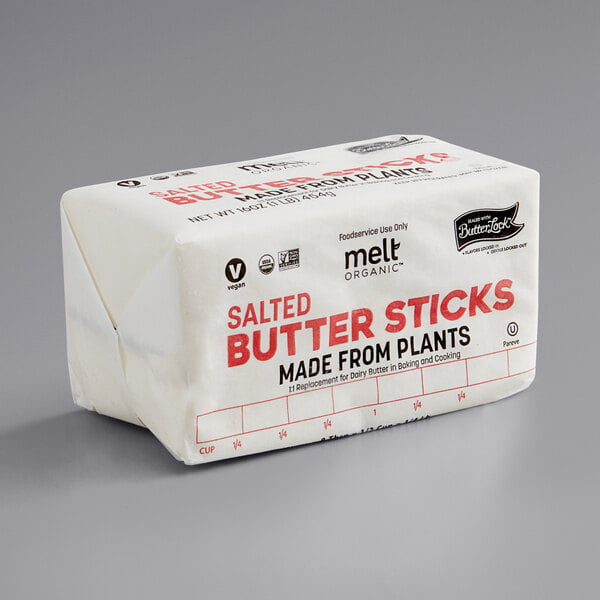 A white package of Melt Organic salted butter sticks with red text.