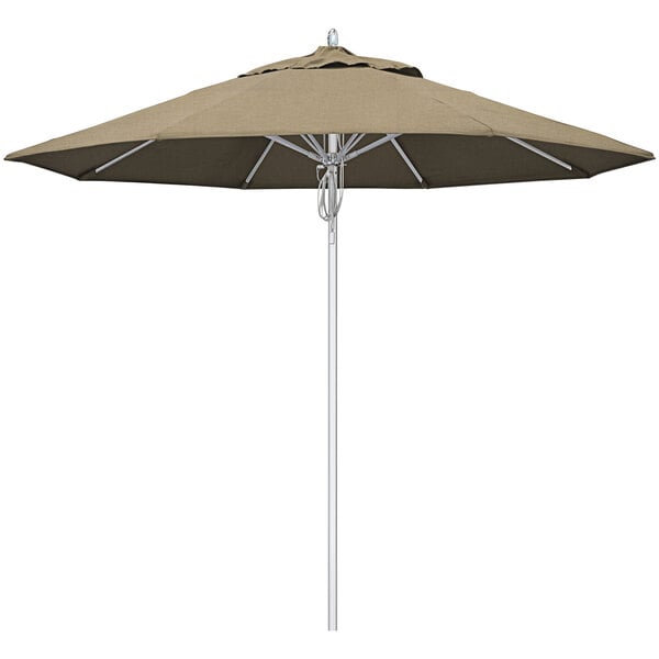 A California Umbrella Newport series 9' outdoor umbrella with a silver pole and heather beige canopy.