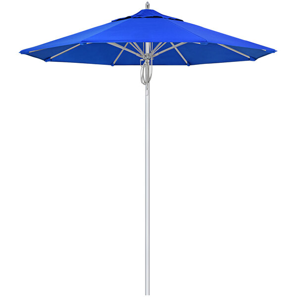 A blue California Umbrella with a white background.